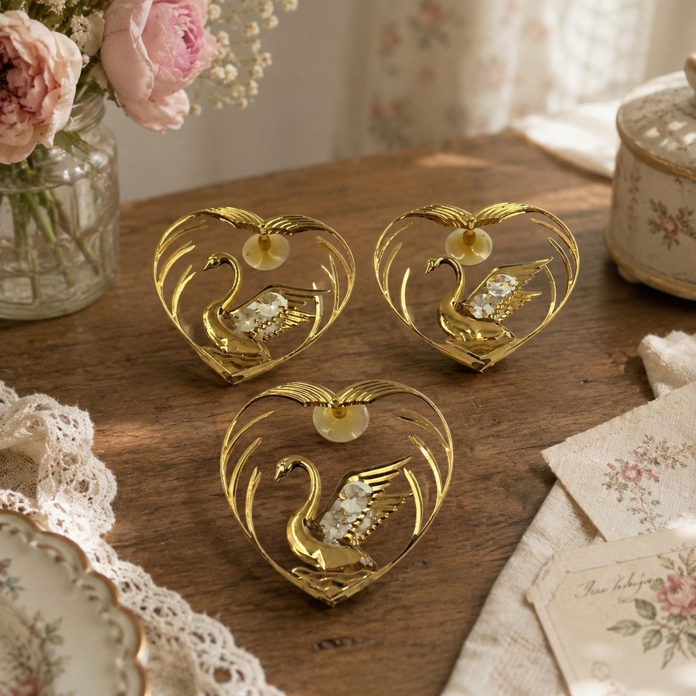 Mascot Intl 1992 Gold Tone Swan Heart Napkin Rings Crystal Accents Set of 3